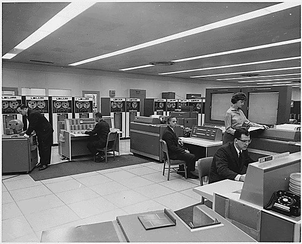 Engineers working in a NASA computer room in 1962